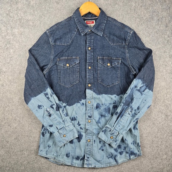 Wrangler Other - Wrangler Pearl Snap Western Shirt Mens Small Blue Bleached Acid Wash Denim Work